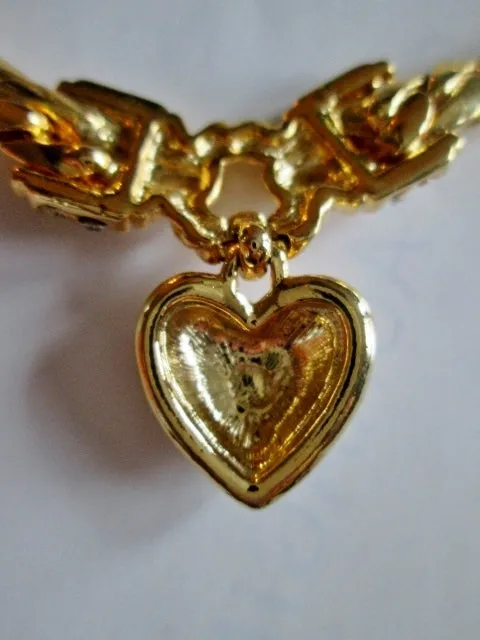 15" HEART Rhinestone Charm PENDANT Necklace GOLD Choker LOVE Soulmate Chainlink Rope