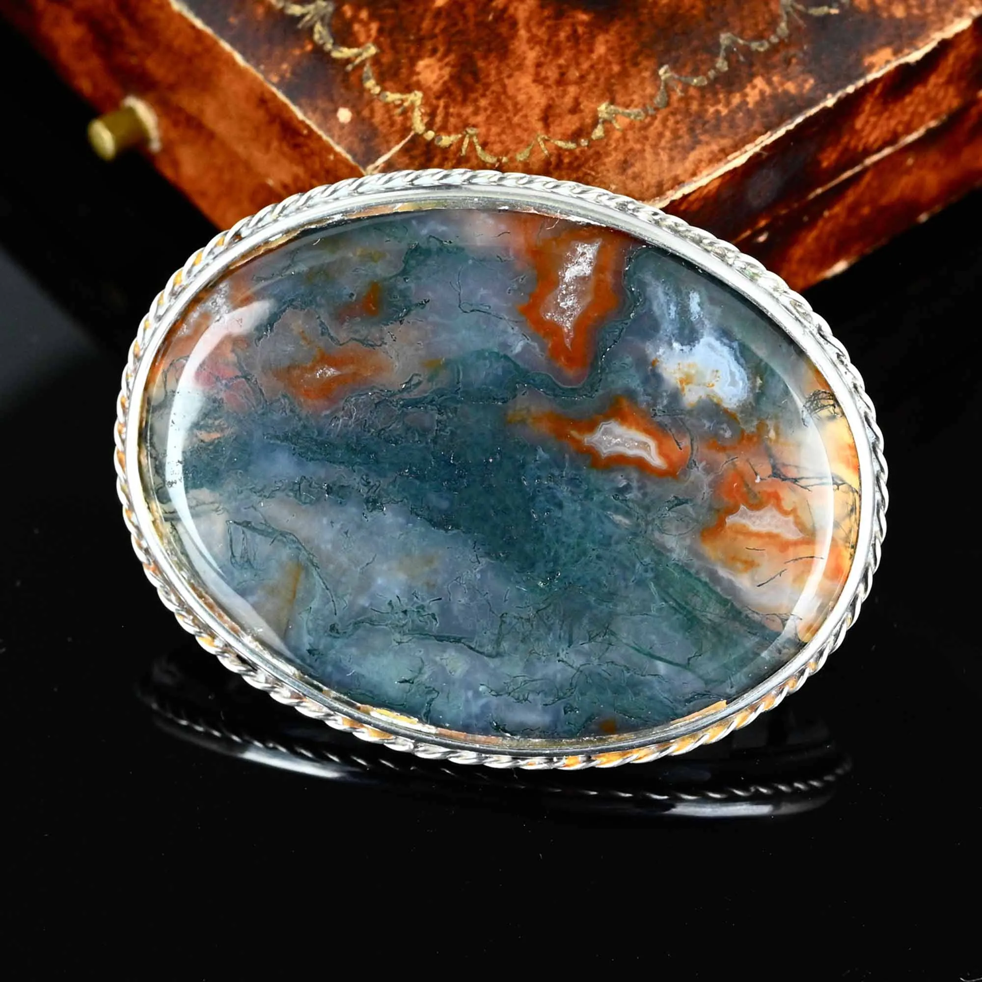 Antique Large Moss agate Brooch in Sterling Silver