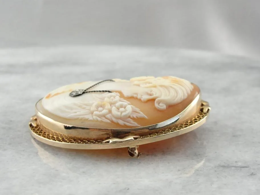 Antique Shell Cameo and Diamond Brooch or Pendant in Gold Frame