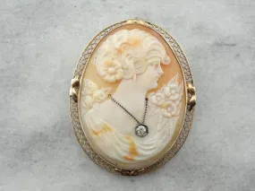 Antique Shell Cameo and Diamond Brooch or Pendant in Gold Frame