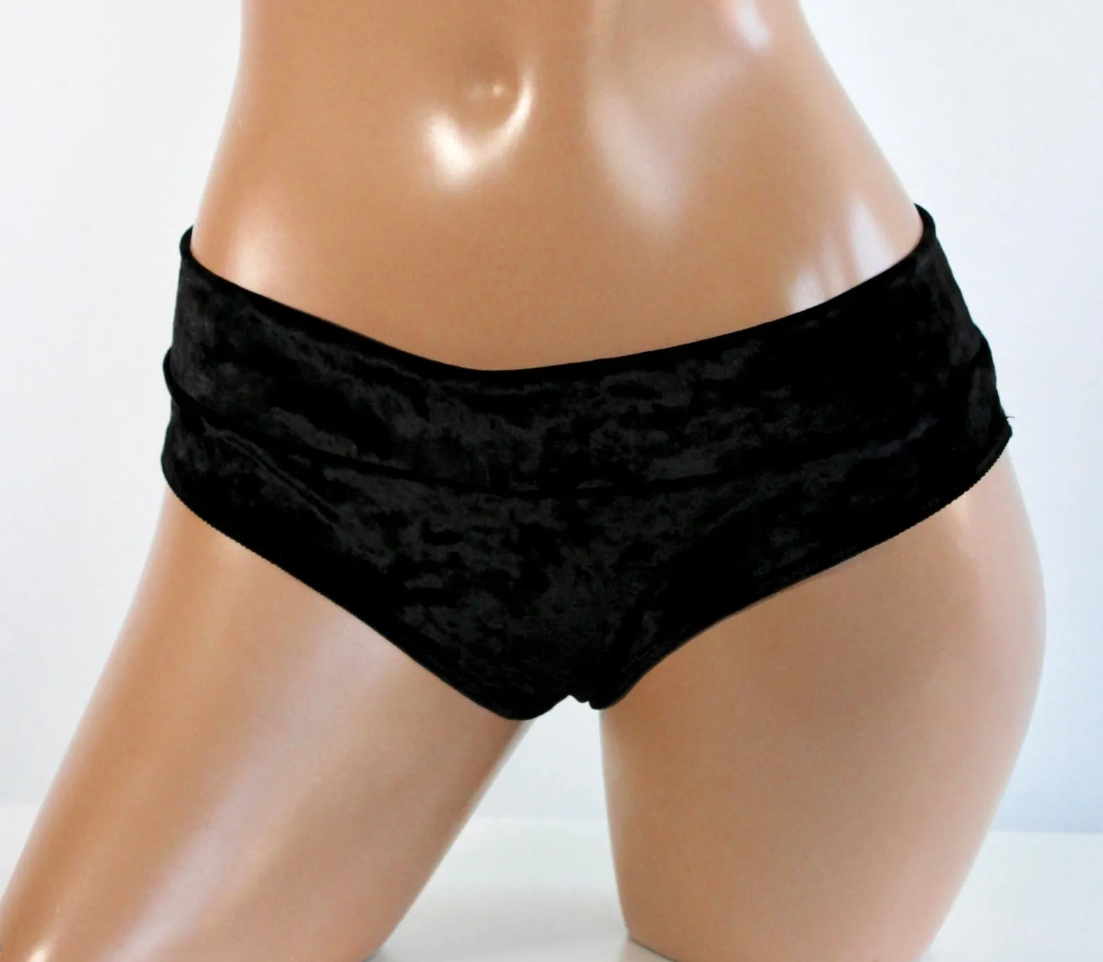 Crushed Velvet Low Rise Cheeky Bottoms in Black