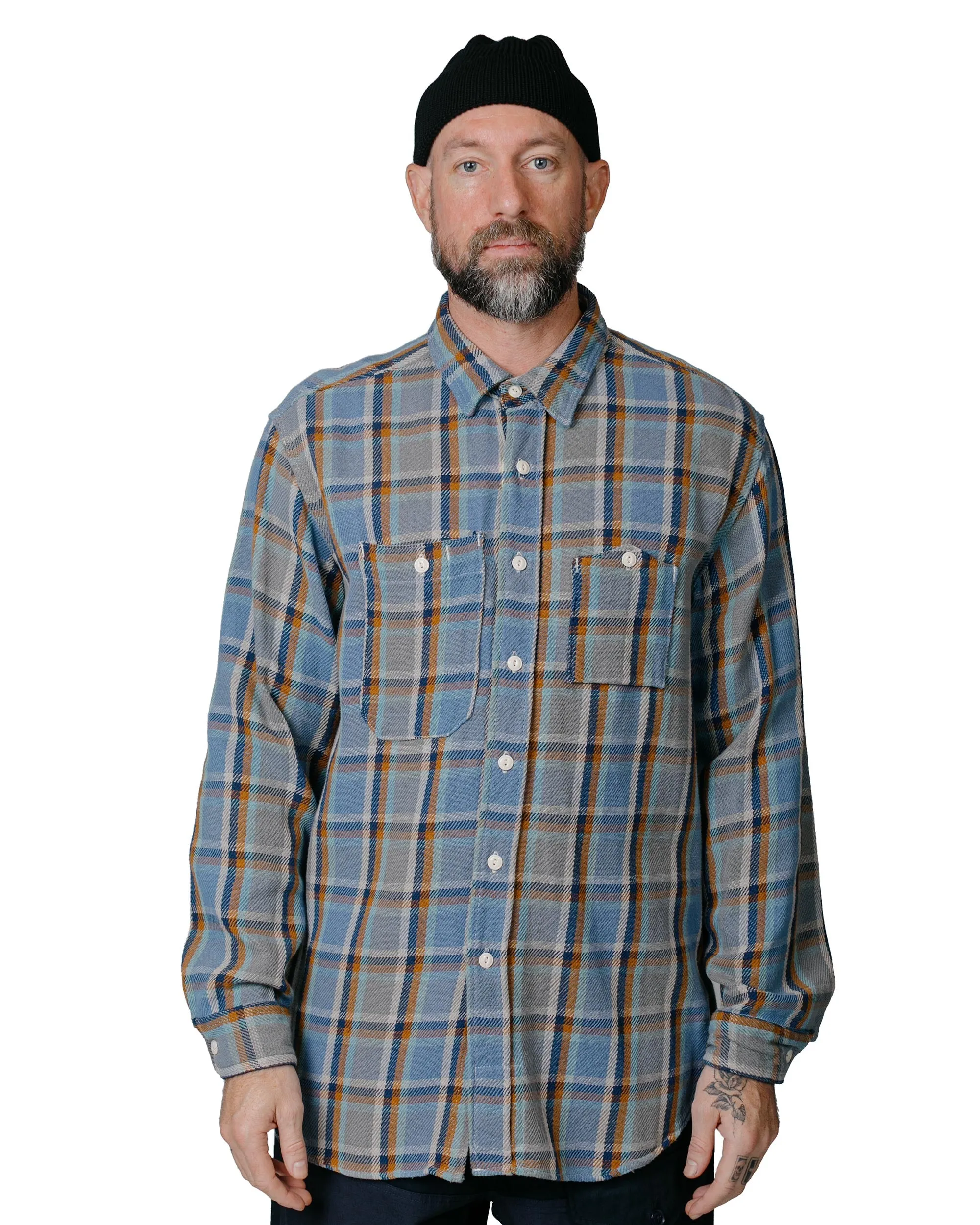 Engineered Garments Work Shirt Blue Cotton Heavy Twill Plaid