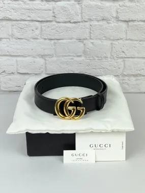 GG Marmont Leather Belt with Antique Gold buckle, Black, Size 85