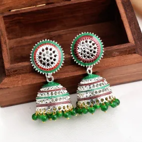 Green & Red mix Shiny Silver Enamel Jhumki Earrings