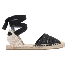 Lace T-strap Espadrille Flats - Black