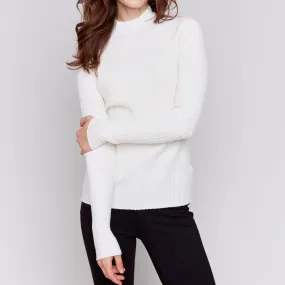 Mock Neck Ribbed Fine Knit - Ecru