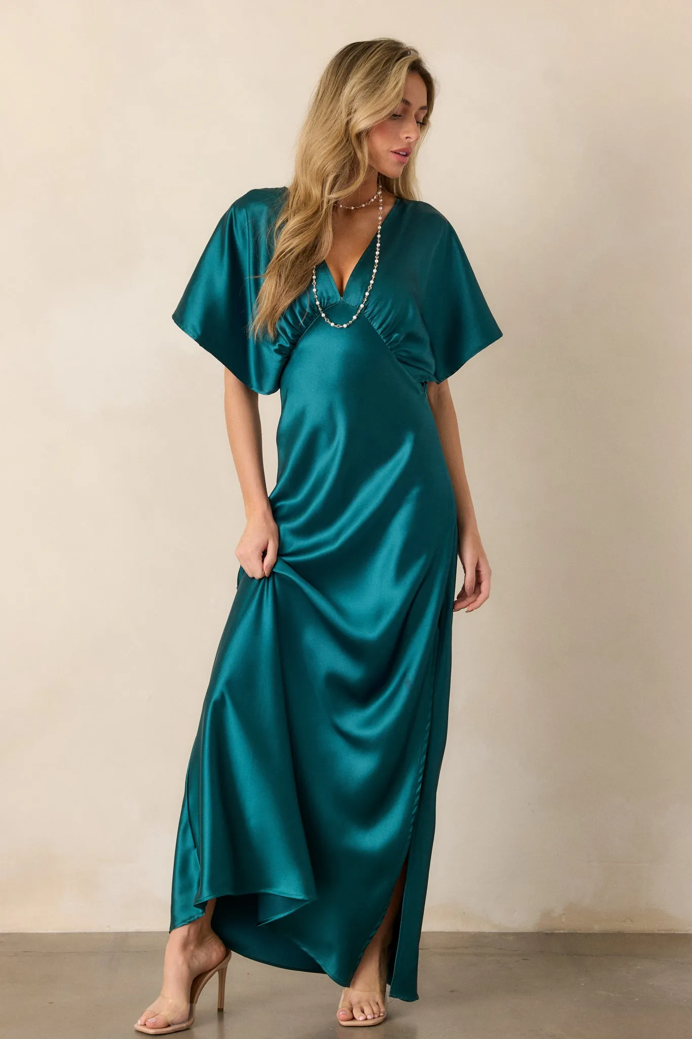 Serenity Calling Teal Satin Maxi Dress