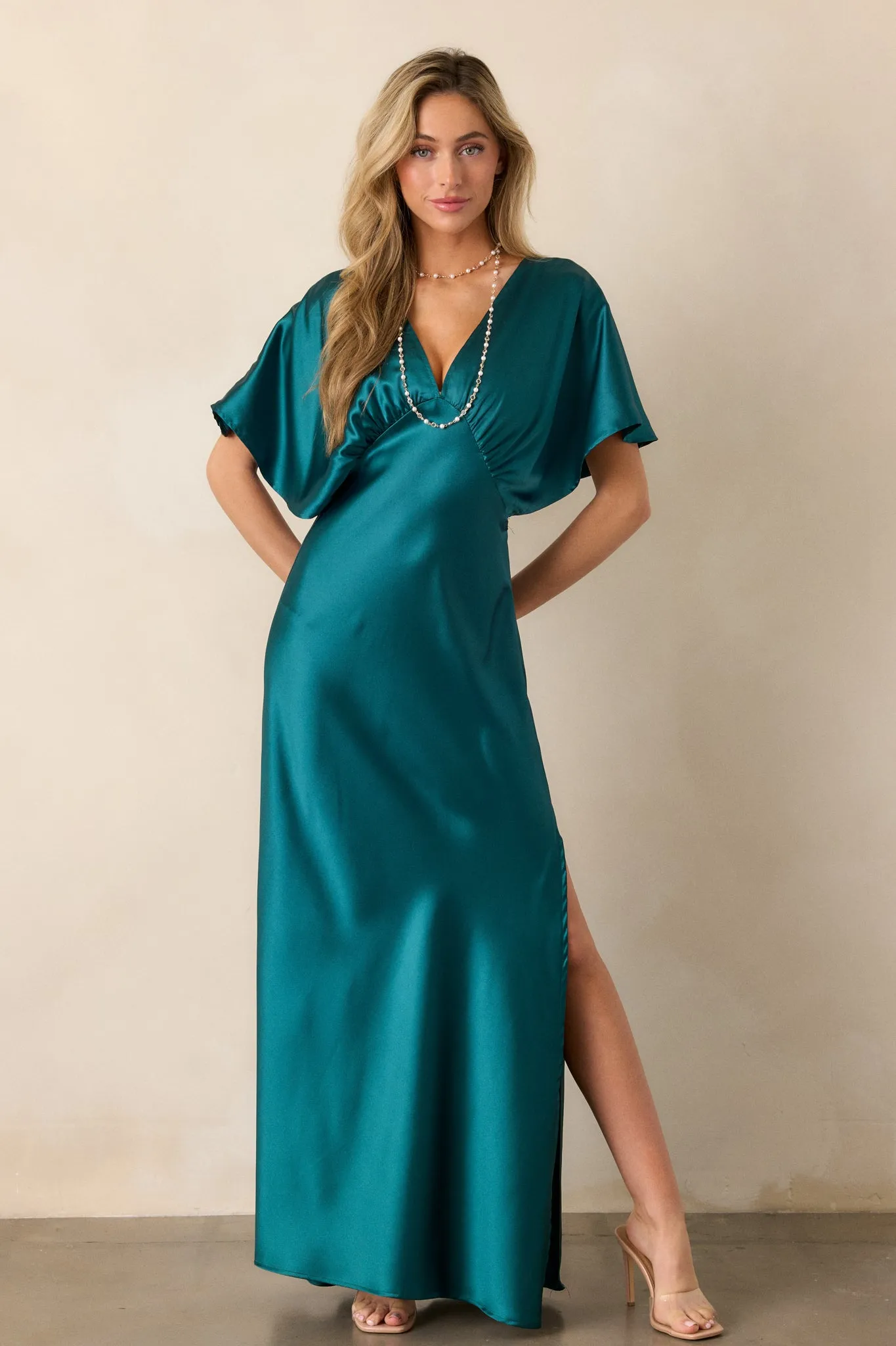 Serenity Calling Teal Satin Maxi Dress