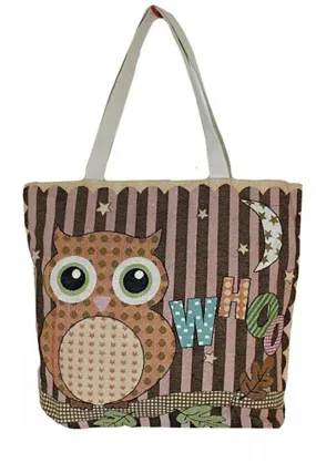 Striped Night Owl Design Oversize Canvas Tote Bag Purse